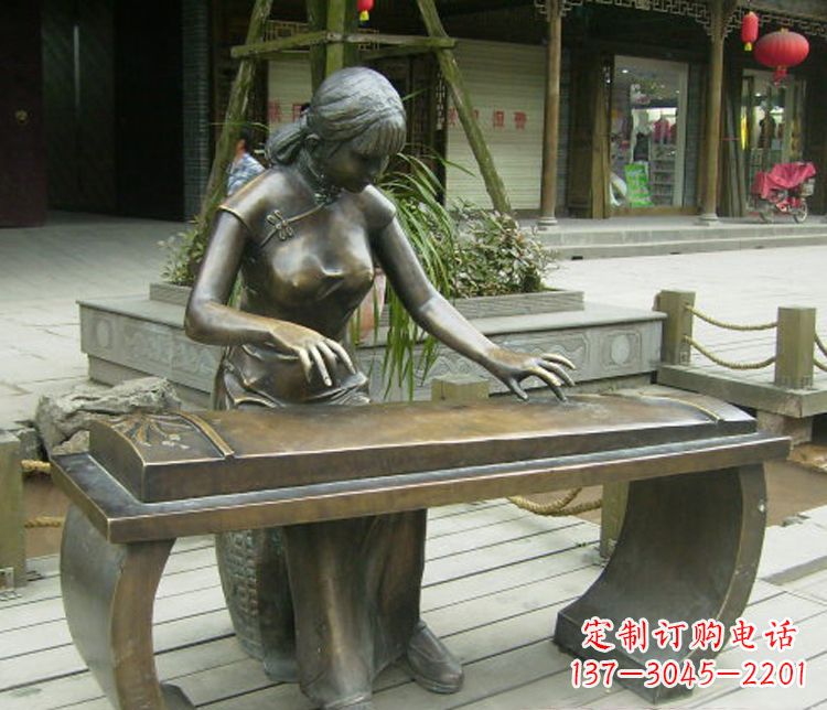 温州铜雕现代人物弹古筝雕塑