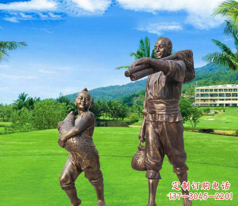 温州铜雕渔民父子人物雕塑
