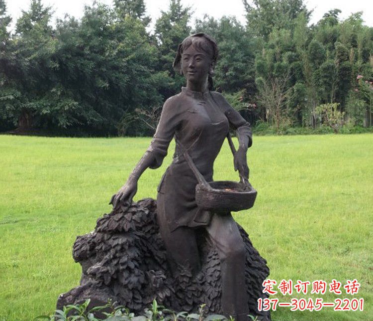 温州铜雕园林采茶女孩人物雕塑
