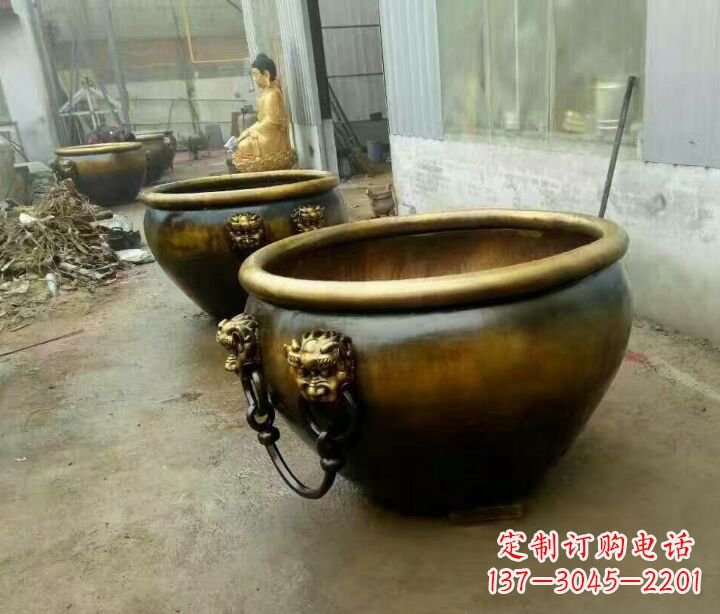 温州铜雕圆形荷花水缸雕塑 (2)