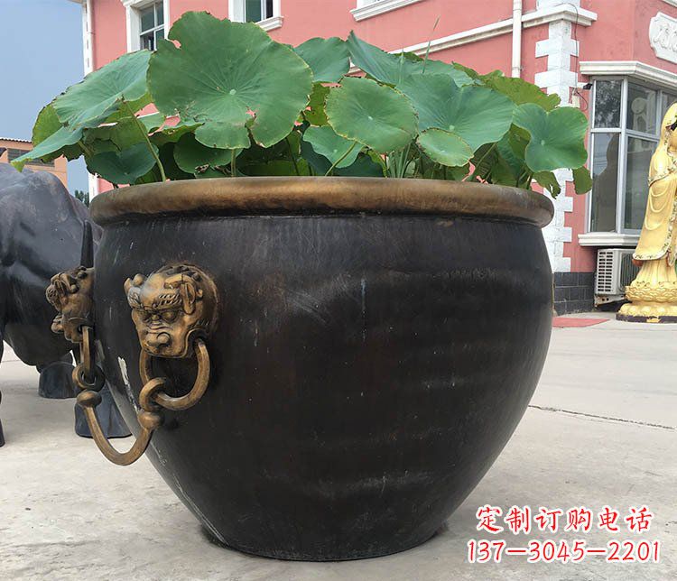温州铜雕圆形荷花水缸雕塑 (3)