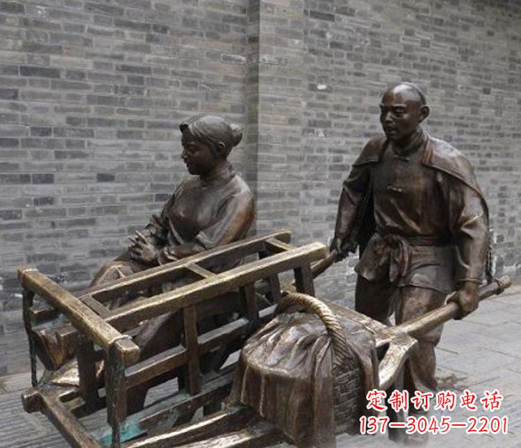 温州推独轮车的人物铜雕