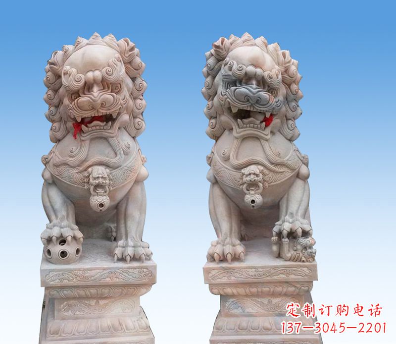 温州晚霞红踩球狮子石雕
