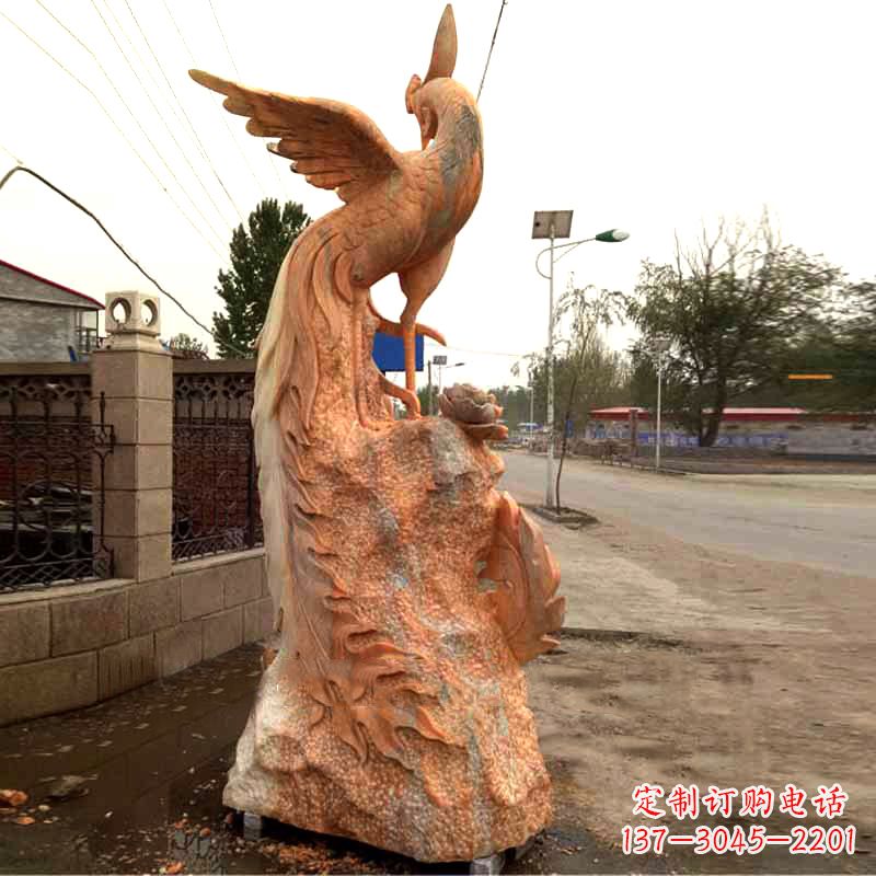 温州晚霞红大理石瑞鸟凤凰雕塑