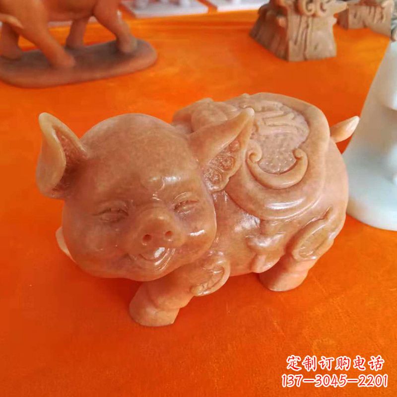 温州晚霞红大理石招财猪雕塑-企业商场创意生肖动物风水摆件