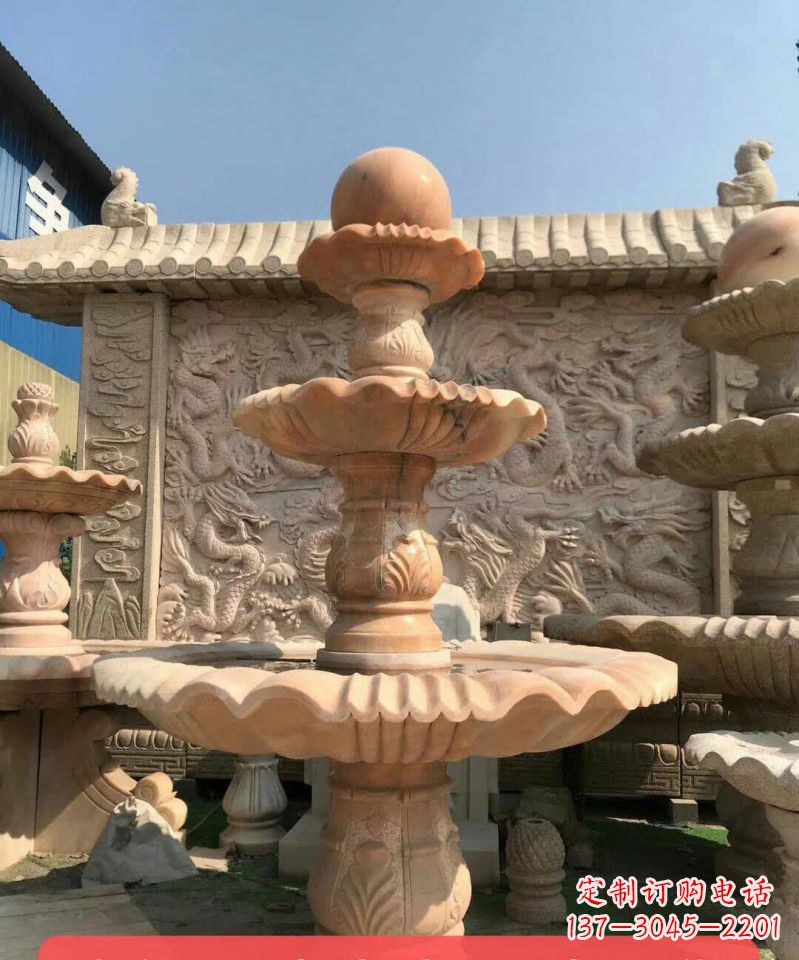 温州晚霞红风水球石雕喷泉