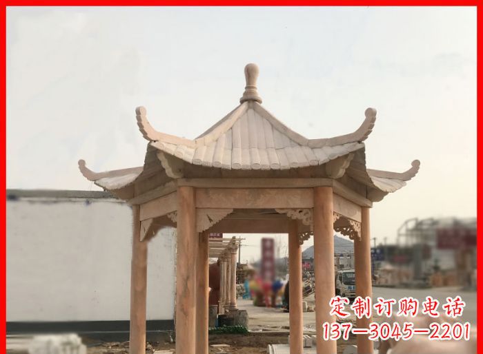 温州晚霞红公园六角石雕凉亭