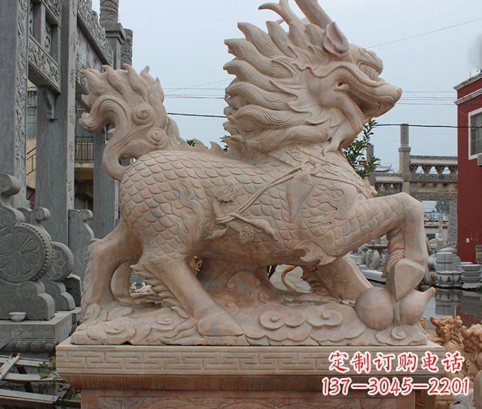 温州晚霞红古代神兽麒麟石雕