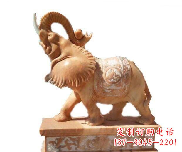 温州晚霞红吉祥如意象鼻朝天的大象石雕