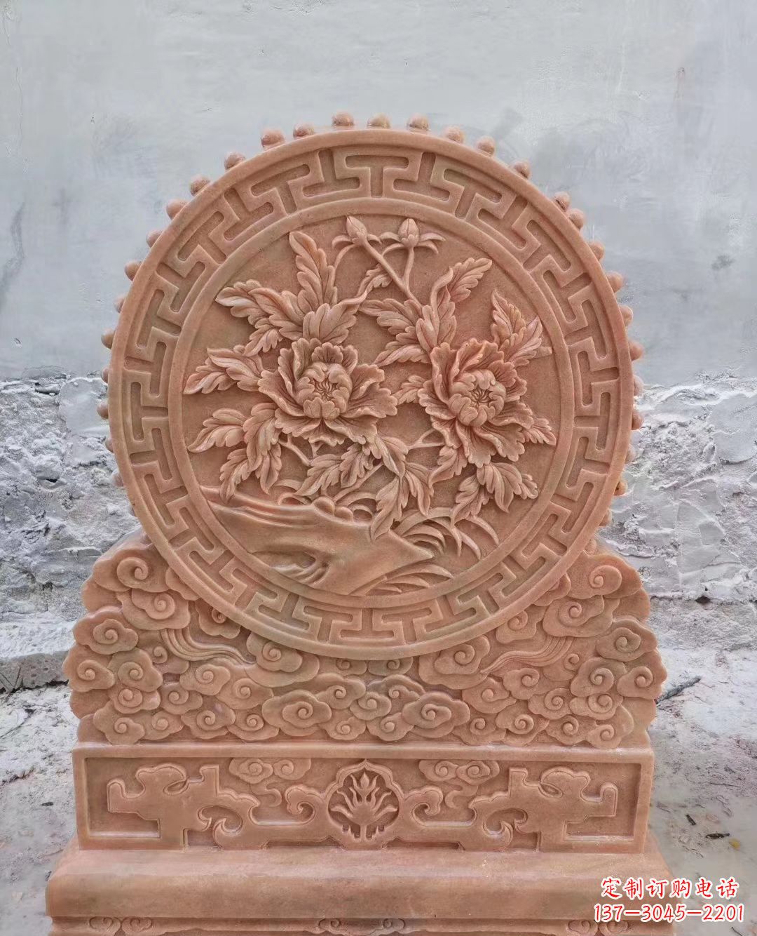 温州晚霞红牡丹花浮雕石门墩