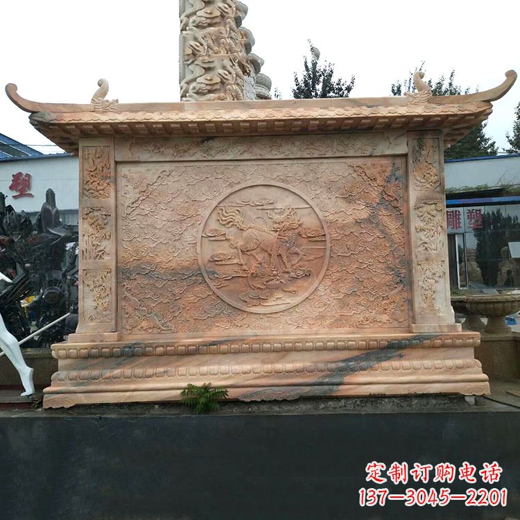 温州晚霞红麒麟影壁墙石雕