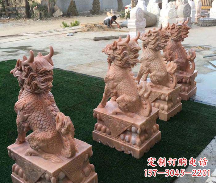 温州晚霞红麒麟招财镇宅石雕