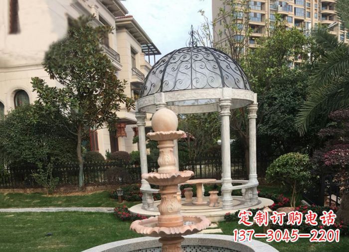 温州晚霞红三层风水球喷泉小区石雕