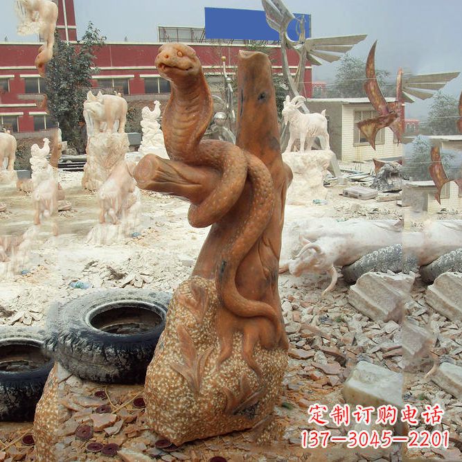 温州晚霞红蛇石雕-12生肖动物雕塑
