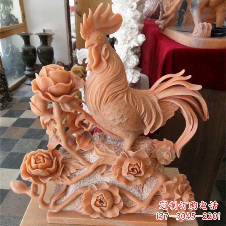 温州晚霞红石雕公鸡雕塑