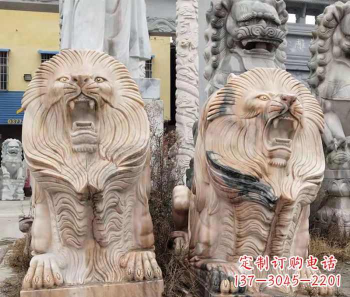 温州晚霞红石雕欧式石狮子