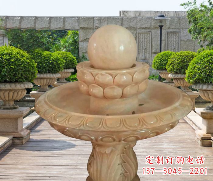 温州晚霞红双层风水球公园喷泉石雕 (2)