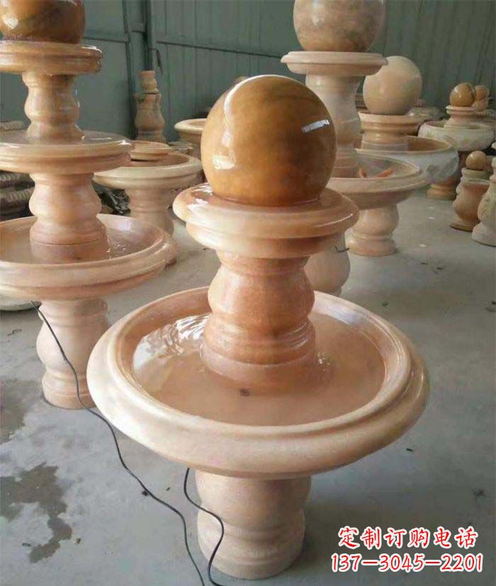 温州晚霞红双层风水球别墅喷泉石雕