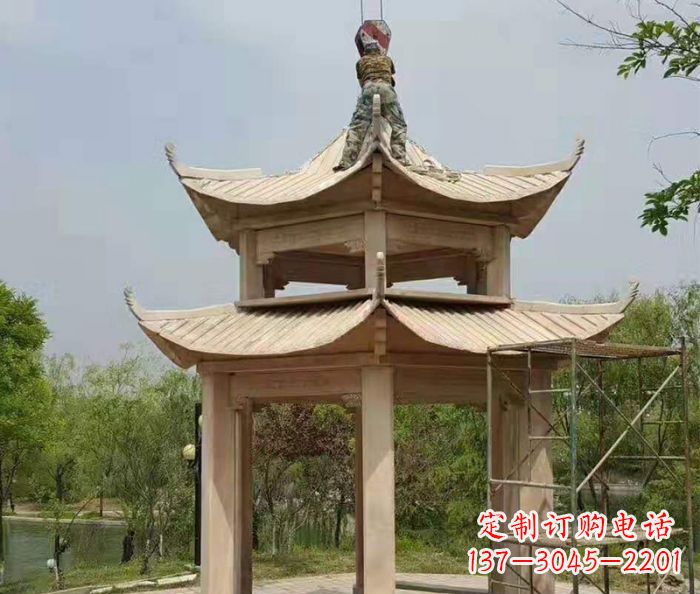 温州晚霞红双层凉亭石雕 (2)