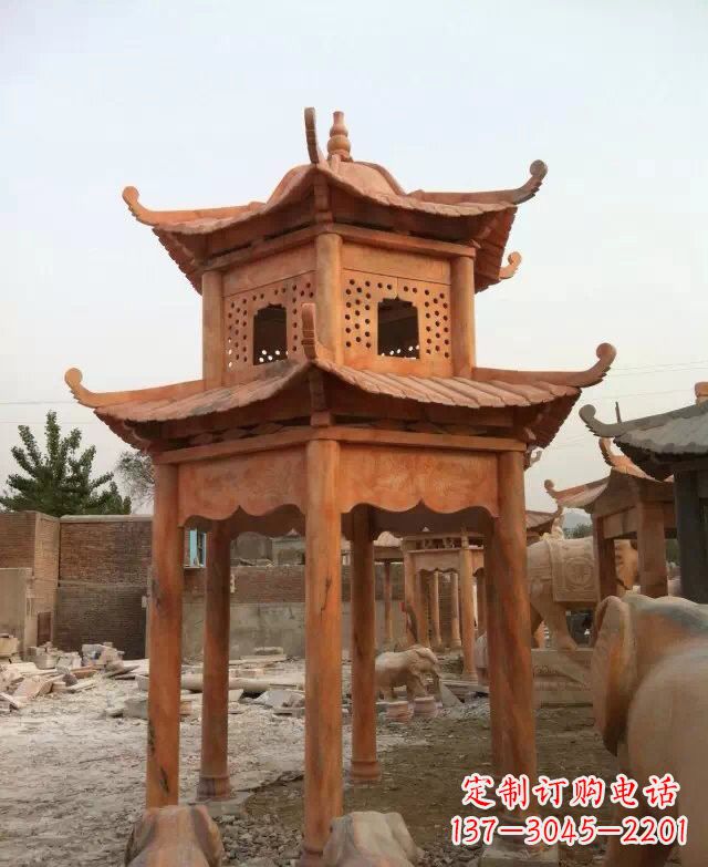 温州晚霞红双层凉亭石雕