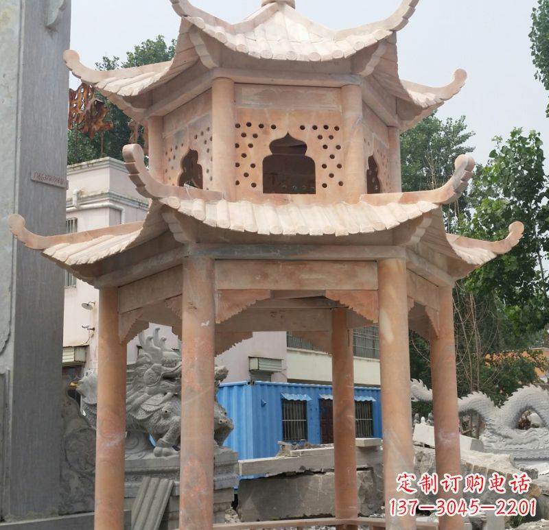 温州晚霞红双层六角凉亭石雕 (2)