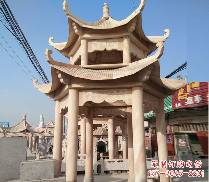 温州晚霞红双层六角凉亭石雕 (3)