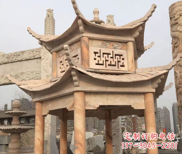 温州晚霞红双层石雕凉亭