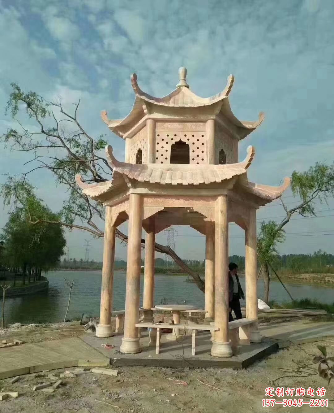 温州晚霞红双层石凉亭 (2)