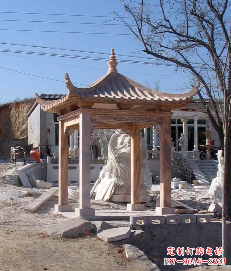温州晚霞红四角凉亭景观石雕