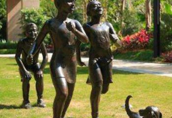 温州宁夏中领雕塑推出的儿童铜雕跑步遛狗，一款…