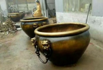 温州铜雕圆形荷花水缸雕塑 (2)