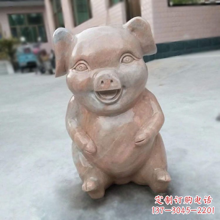 温州喜庆的石雕猪-晚霞红大理石生肖动物雕塑