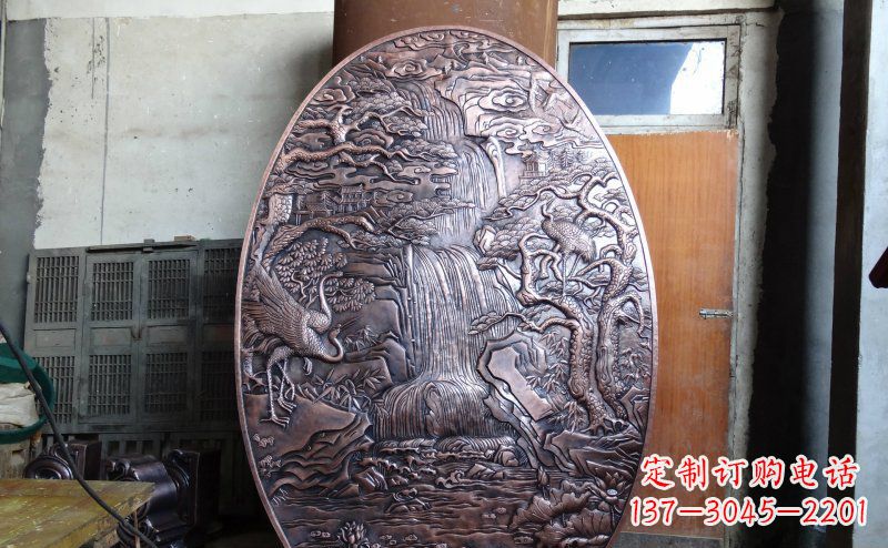 温州仙鹤松林瀑布古代园林景观铜浮雕