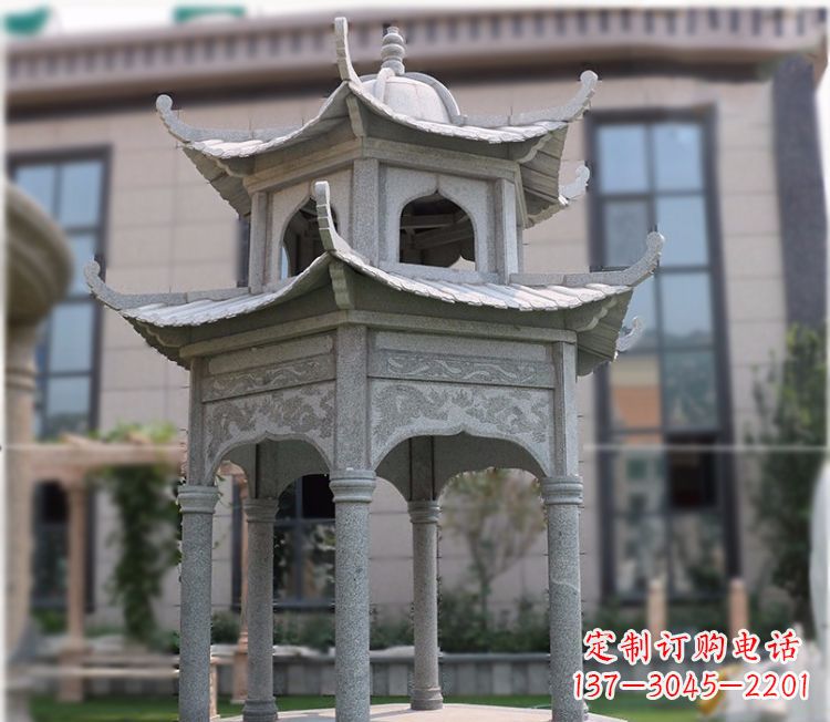 温州小区大理石六角石雕双层凉亭