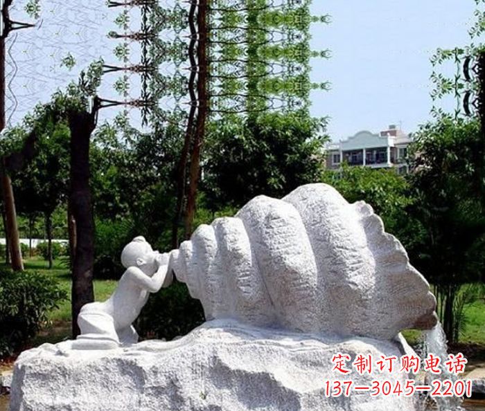 温州小区景观小孩吹螺号石雕