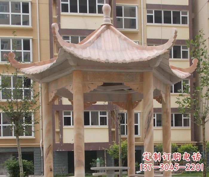 温州小区晚霞红六角凉亭石雕