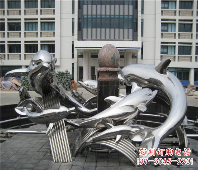 温州校园不锈钢海豚海浪雕塑