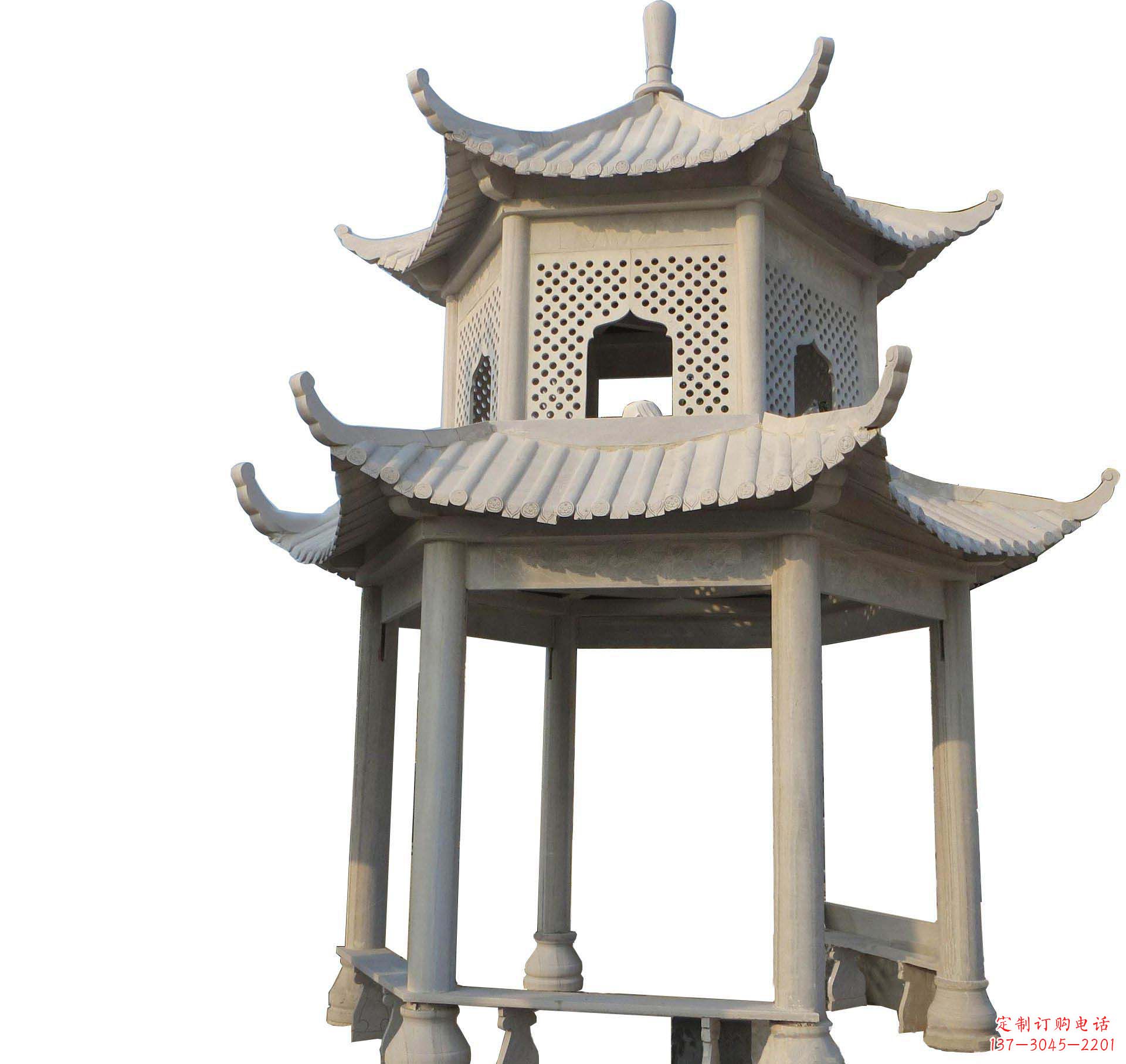 温州园林景观大理石六角石雕双层凉亭