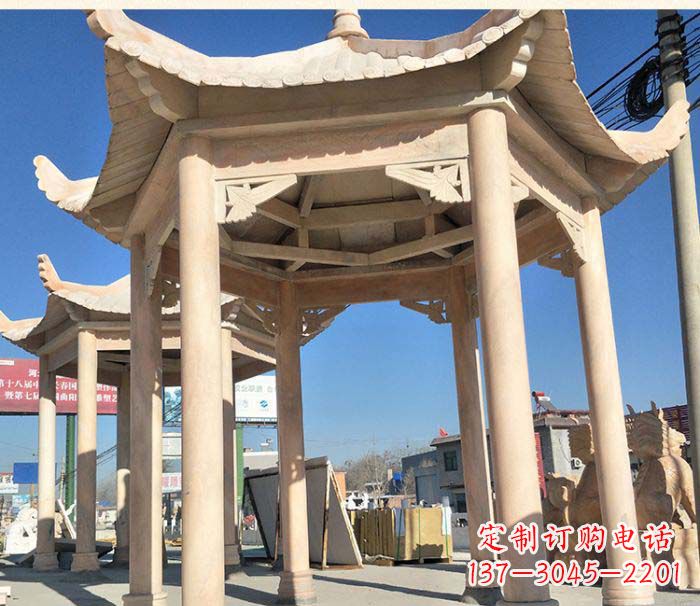温州园林景观晚霞红六角石雕凉亭 (2)