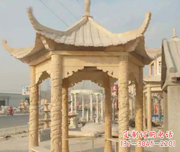 温州园林景观晚霞红六角石雕凉亭 (3)