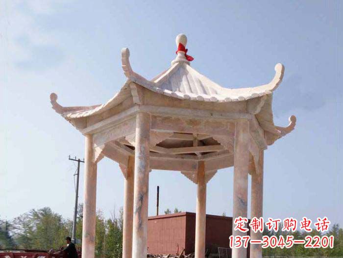 温州园林景观晚霞红六角石雕凉亭