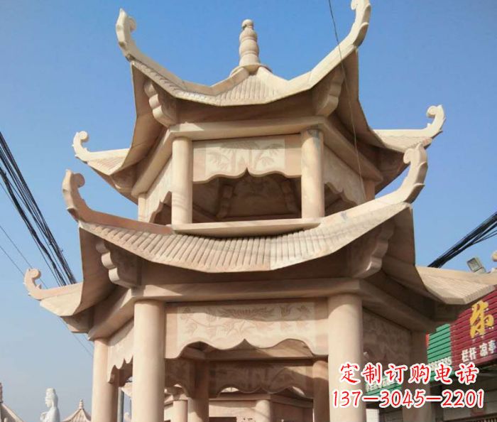 温州园林景观晚霞红双层石雕凉亭 (2)