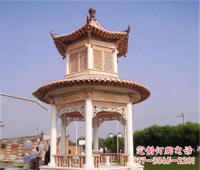 温州园林景观晚霞红双层石雕凉亭 (4)