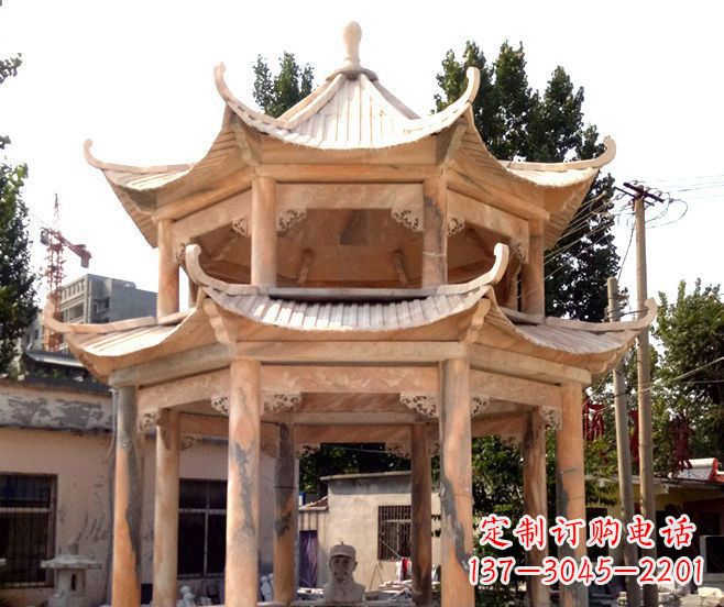 温州园林景观晚霞红双层石雕凉亭