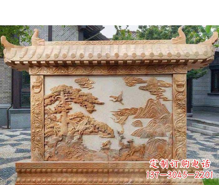 温州园林景观晚霞红松鹤石浮雕影壁