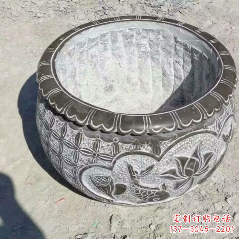 温州园林莲花鱼纹石雕水缸