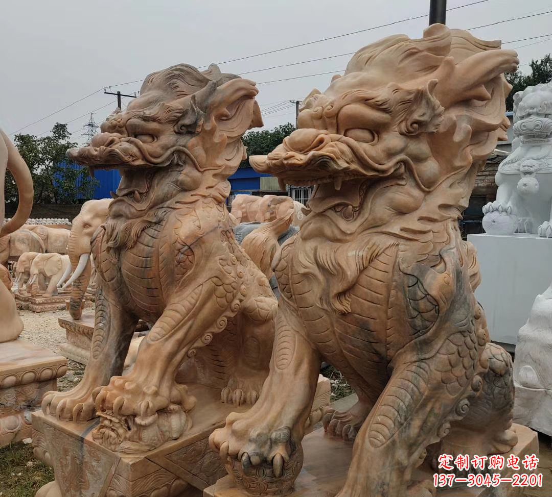 温州园林晚霞红古代招财神兽麒麟石雕