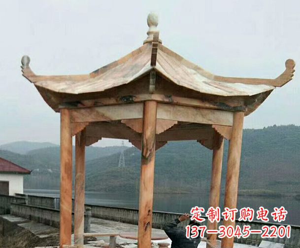 温州园林晚霞红单层石凉亭景观石雕