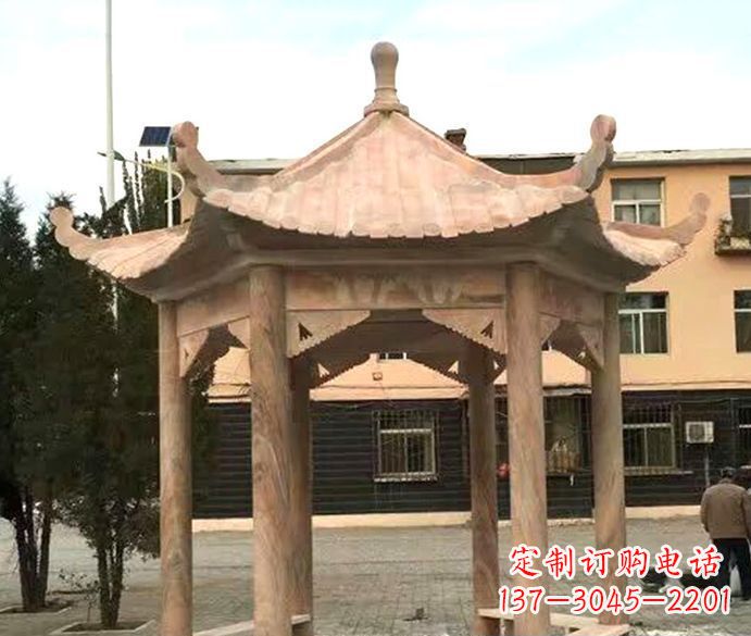 温州园林晚霞红六角石雕凉亭