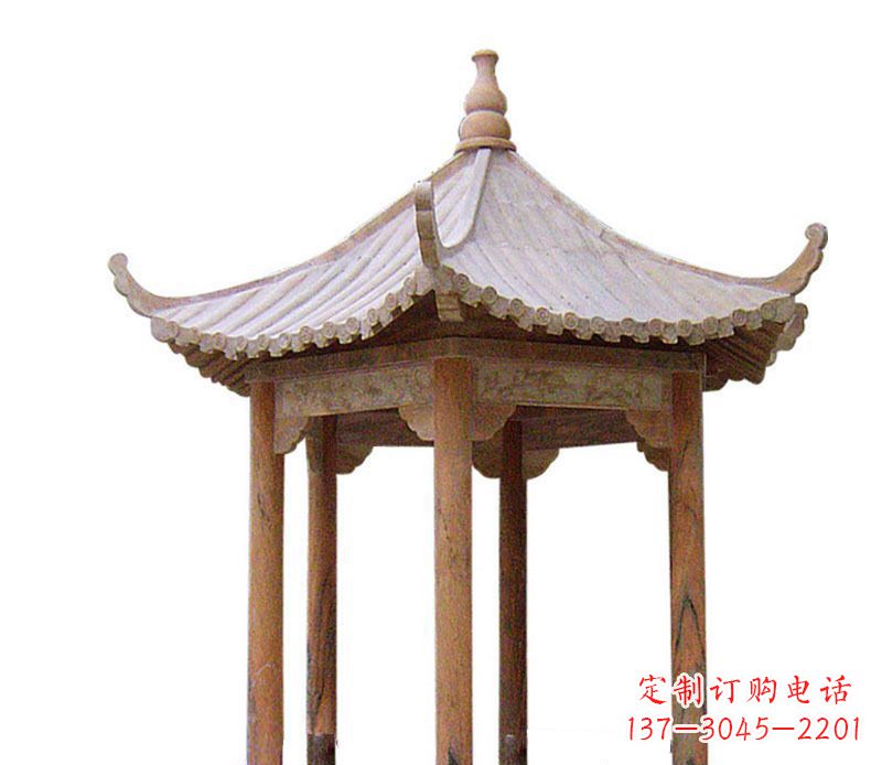 温州园林晚霞红六角石凉亭景观石雕 (2)
